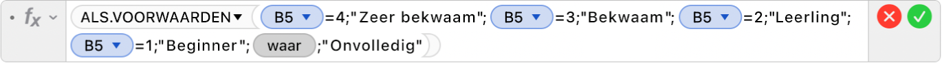 De formule-editor met de formule =ALS.VOORWAARDEN(B5=4;"Zeer bekwaam";B5=3;"Bekwaam";B5=2;"Leerling+";B5=1;"Beginner";WAAR;"Onvolledig").