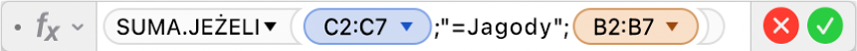 Edytor formuł pokazujący formułę =SUMA.JEŻELI(C2:C7;"=Jagody";B2:B7).