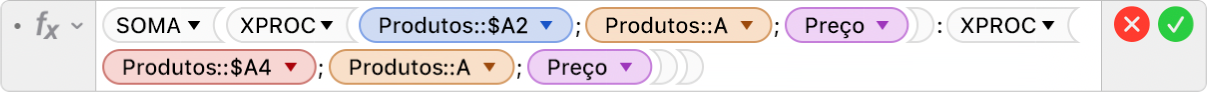 O editor de fórmulas a mostrar a fórmula =SOMA(XPROC(Produtos::$A2,Produtos::A,Preço):XPROC(Produtos::$A4,Produtos::A,Preço)).
