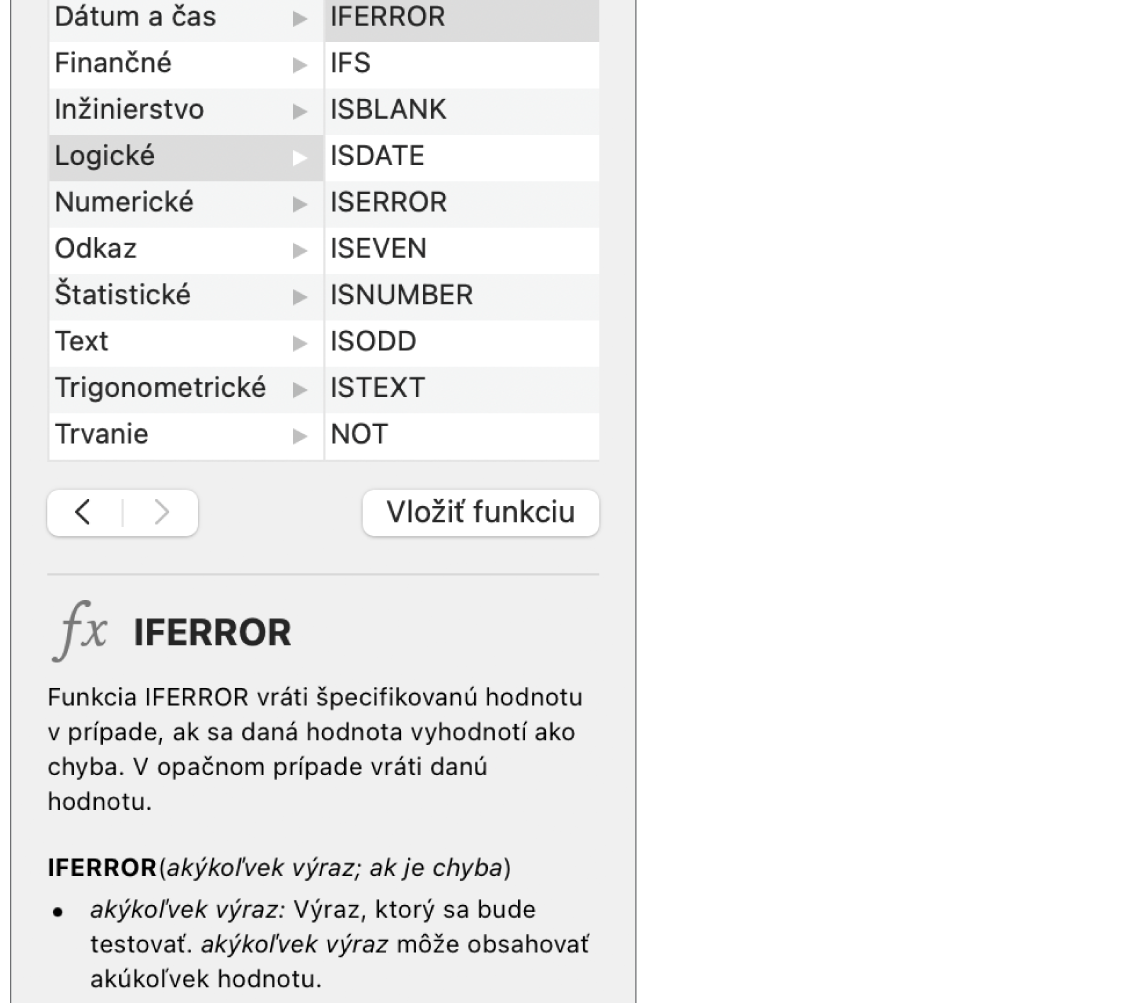 Prehliadač funkcií zobrazujúci informácie pre funkciu IFERROR.
