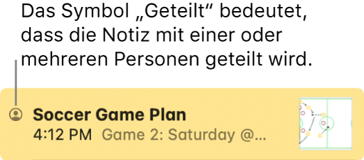 Eine Notiz, die mit anderen Personen geteilt wurde, mit dem Freigabe-Symbol links neben dem Namen der Notiz.