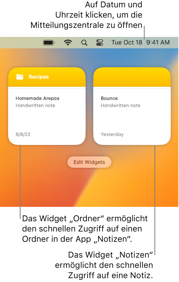 Zwei „Notizen“-Widgets. Das Widget „Ordner“ zeigt einen Ordner in der App „Notizen“ und das Widget „Notizen“ zeigt eine Notiz. Klicke in der Menüleiste auf Datum und Uhrzeit, um die Mitteilungszentrale zu öffnen.