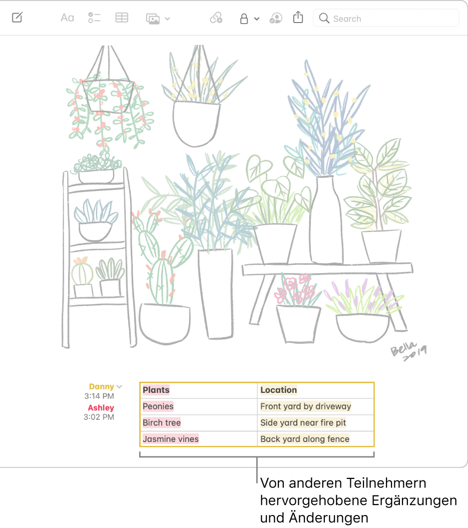 Eine Notiz mit einer Tabelle, die eine Liste der Pflanzen und den zugehörigen Standort im Zuhause zeigt. Änderungen von anderen Teilnehmern sind hervorgehoben.