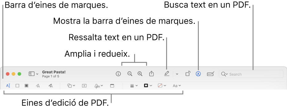 Barra d’eines de marques per marcar un PDF.