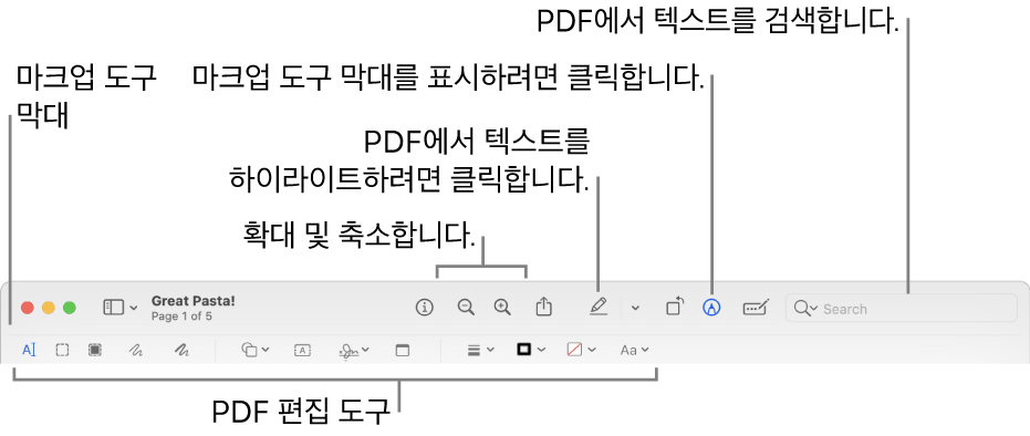 PDF에 표시하기 위한 마크업 도구 막대.