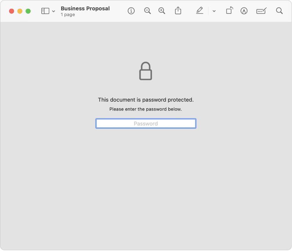 En lösenordsskyddad PDF som visar en låssymbol och ett textfält där du skriver in lösenordet för att öppna filen.