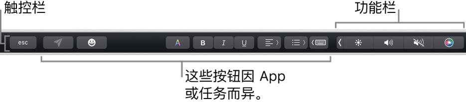 横贯键盘顶部的触控栏，显示右侧折叠的功能栏，按钮因 App 或任务而异。