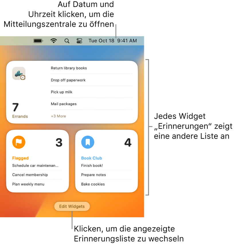 Verwenden von Erinnerungen-Widgets in der Mitteilungszentrale auf dem ...