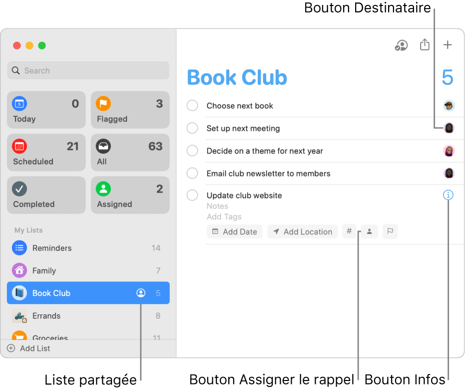 Fenêtre Rappels affichant une liste partagée avec des rappels assignés.