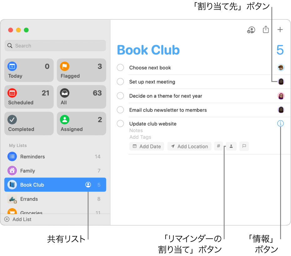 割り当て済みのリマインダーを含む共有リストが表示されたリマインダーウインドウ。