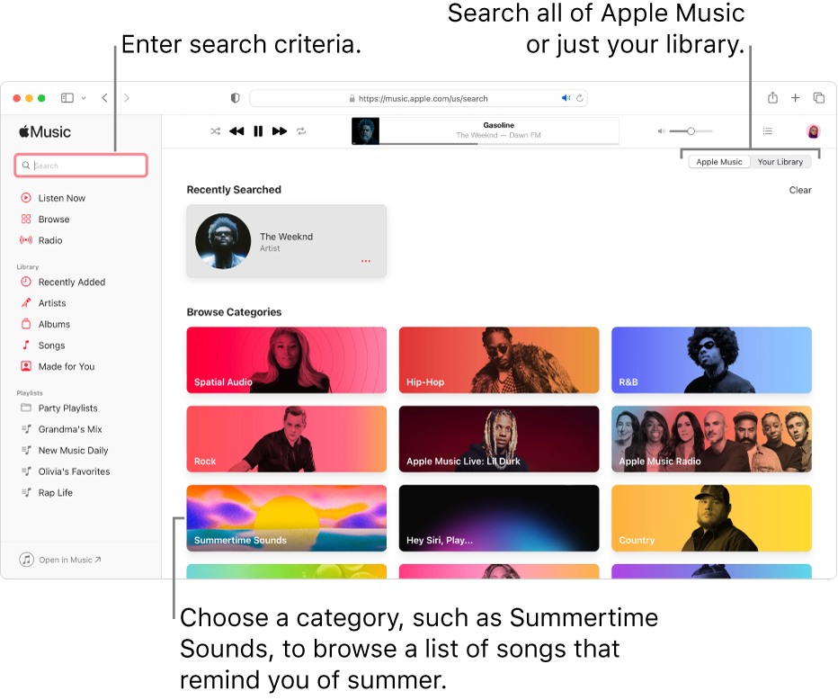 The Apple Music window showing the search field in the top-left corner, the list of categories in the center of the window, and Apple Music or Your Library available in the top-right corner. Enter search criteria in the search field, then choose to search all of Apple Music or just your library. Optionally, choose a category, such as Summertime Sounds, to browse a list of songs that remind you of summer.
