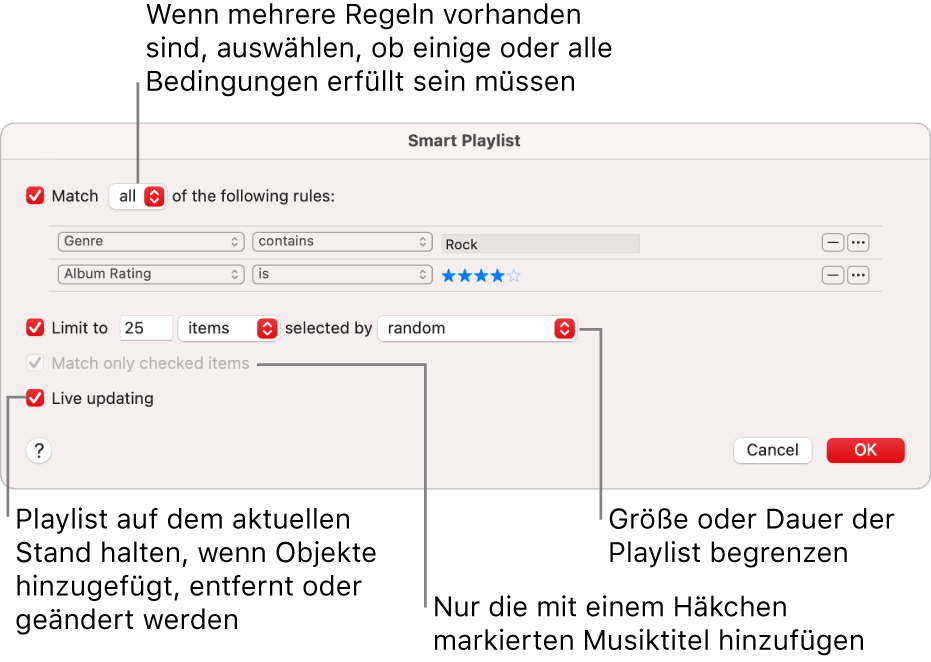 Das Dialogfenster „Intelligente Playlist“: Wähle oben links „Enthält“ und gib die Kriterien für die Playlist an (etwa Genre oder Wertung). Durch Klicken auf die Taste „Hinzufügen“ oder „Entfernen“ oben rechts kannst du weitere Regeln hinzufügen oder Regeln entfernen. Im unteren Bereich des Dialogfensters kannst du verschiedene Optionen auswählen, um z. B. die Größe oder Dauer der Playlist zu beschränken, um nur solche Titel aufzunehmen, die markiert sind, oder um die App „Musik“ die Playlist ändern zu lassen, wenn sich Objekte in deiner Mediathek ändern.