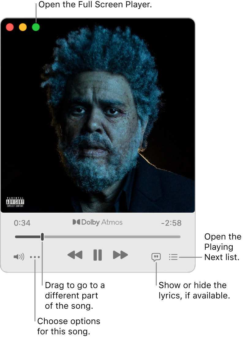 Expanded Mini Player showing the controls for the song that’s playing. There are window controls in the top-left corner, used to open and close the Full Screen Player. The main part of the window shows the album artwork for the song that’s playing. Below the artwork, there is a slider to move to a different part of the song, and buttons to adjust the volume, show lyrics and see what’s playing next.