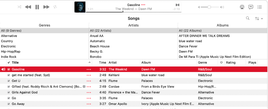 The main Music window: the column browser is to the right of the sidebar and above the list of songs.