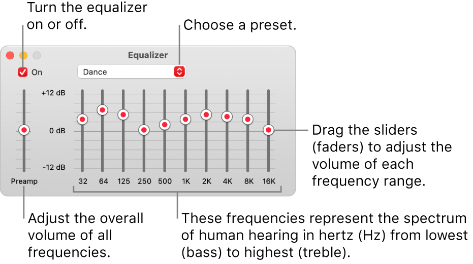 The Equalizer window: The checkbox to turn on the Music equalizer is in the top-left corner. Next to it is the pop-up menu with the equalizer presets. On the far left side, adjust the overall volume of frequencies with the preamp. Below the equalizer presets, adjust the sound level of different frequency ranges, which represent the spectrum of human hearing from lowest to highest.