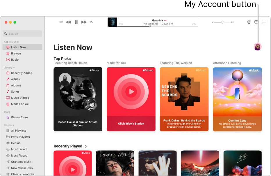 The Apple Music window showing Listen Now. The My Account button (which looks like a photo or monogram) is in the top-right corner of the window.