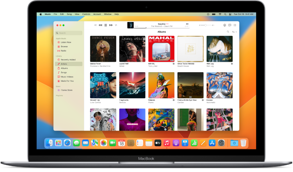 The Apple Music window with a library of albums.
