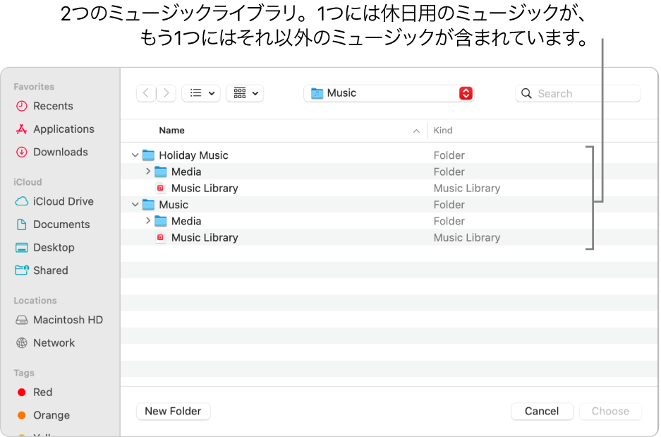 複数のライブラリが表示されているFinderウインドウ。1つは休日用のミュージック、もう1つはその他のミュージックのライブラリです。