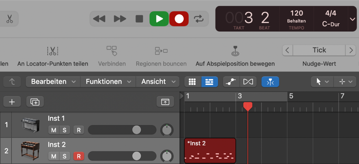 Abbildung. Anzeige einer aufgenommenen MIDI-Region in roter Farbe im Bereich „Spuren“