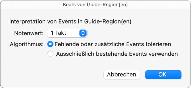 Abbildung. Dialogfenster „Beats von Guide-Region(en)“