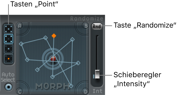 Abbildung. Morph Pad mit Tasten für Morph-Punkte und Parametern „Randomize“