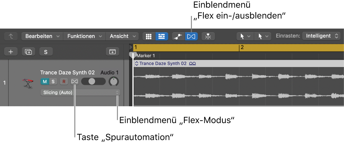 Abbildung. Taste „Flex“ und Einblendmenü „Flex-Modus“ im Spur-Header einer Audiospur