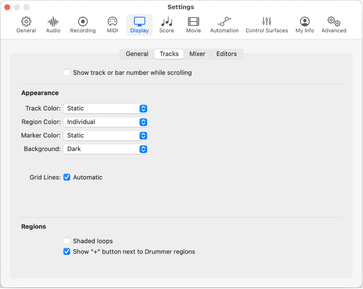 Figure. Tracks Display settings.