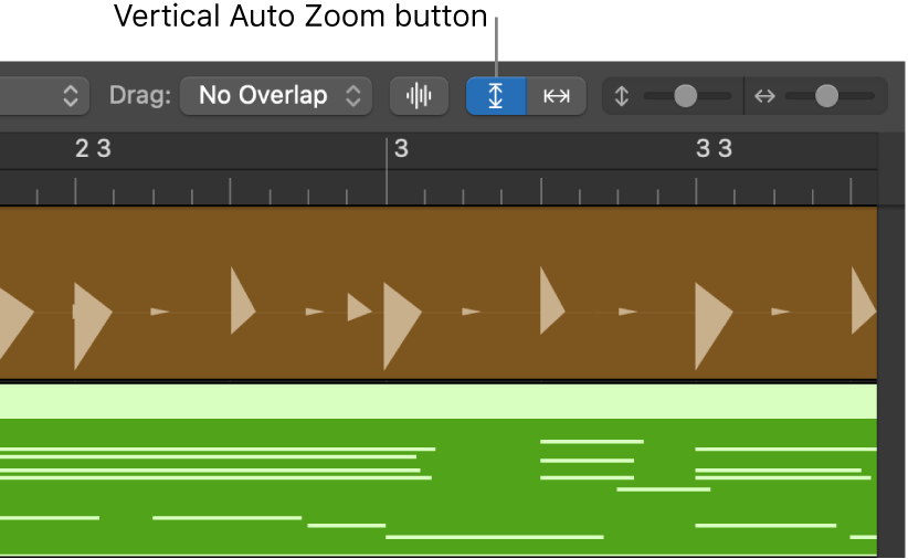Waveform Zoom, Vertical Auto Zoom and Horizontal Auto Zoom controls in the Tracks Area menu bar.