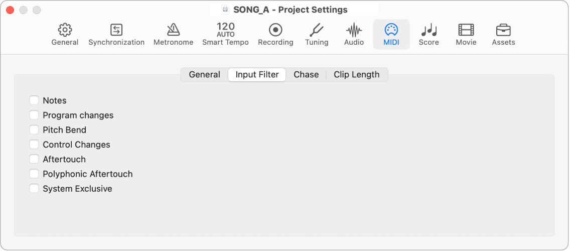 Figure. MIDI Input Filter project settings.
