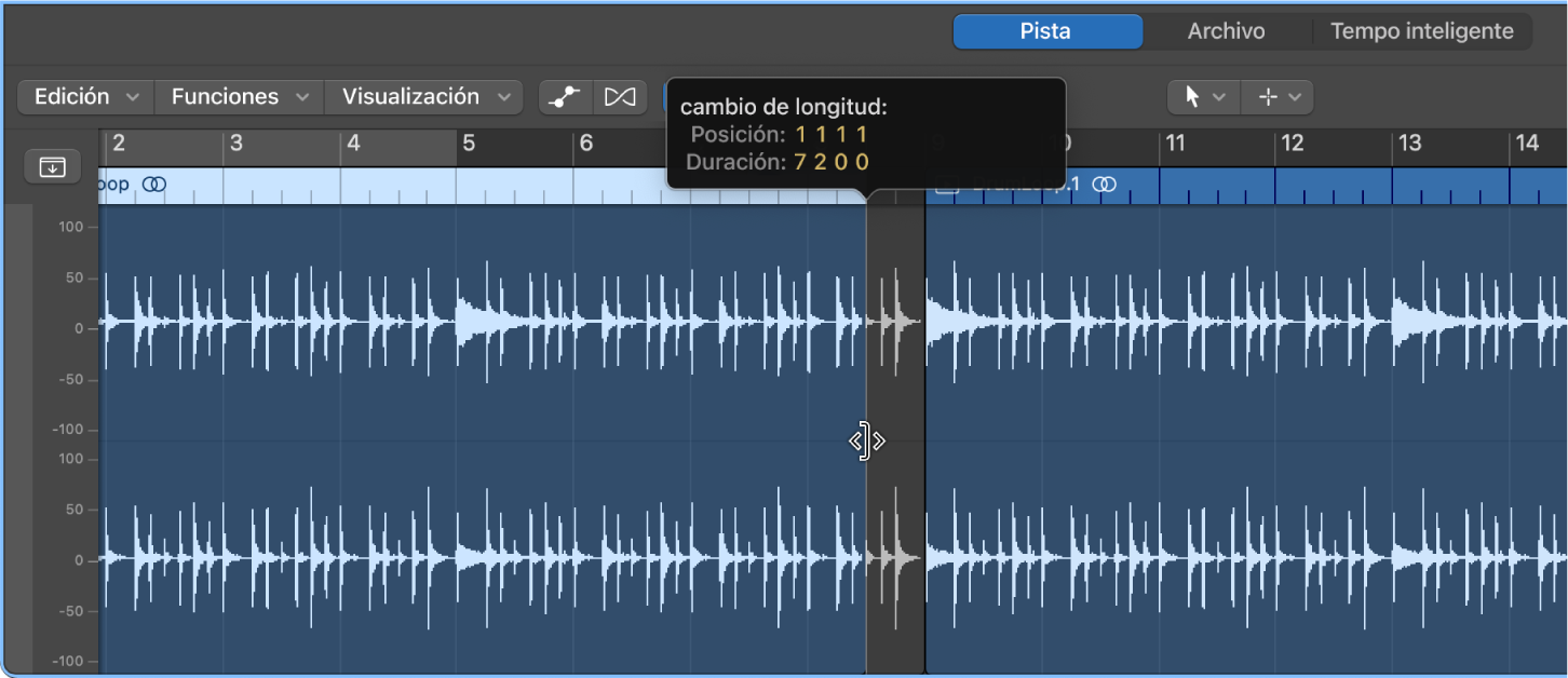 Ilustración. Se está acortando un pasaje en el editor de pistas de audio, donde se muestra una etiqueta de ayuda con la longitud del pasaje y la cantidad de acortamiento.