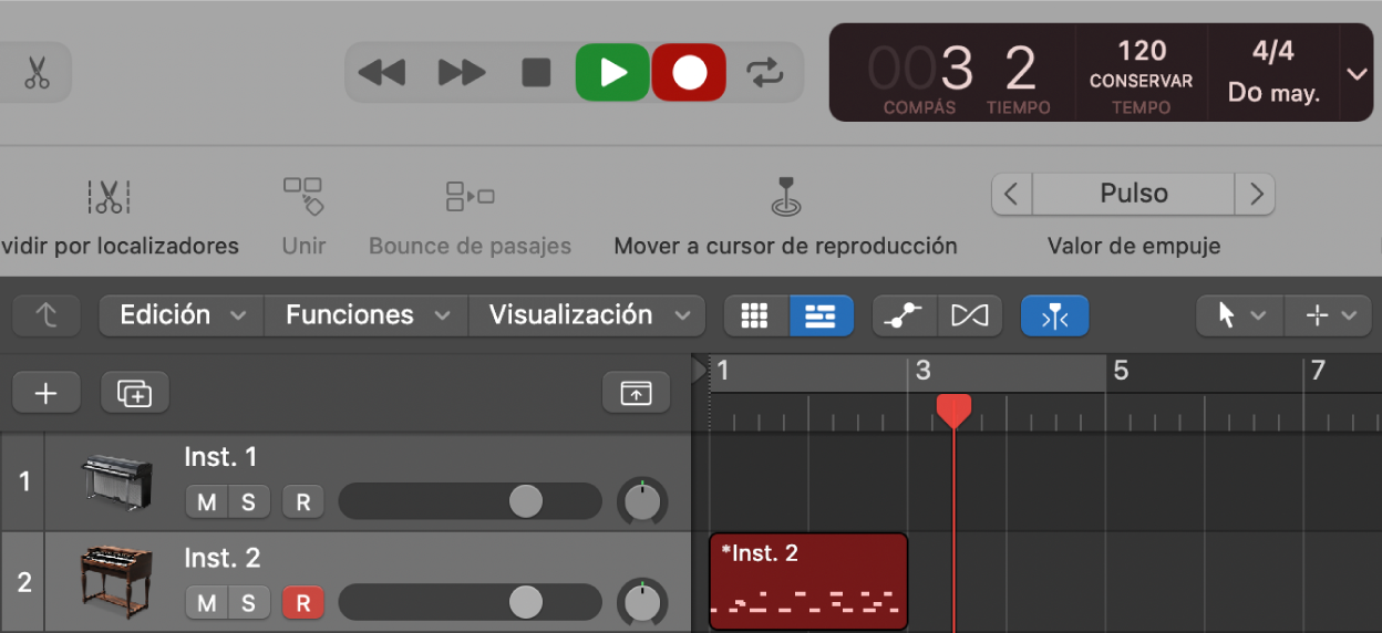 Ilustración. Se muestra un pasaje MIDI grabado en color rojo en el área Pistas.
