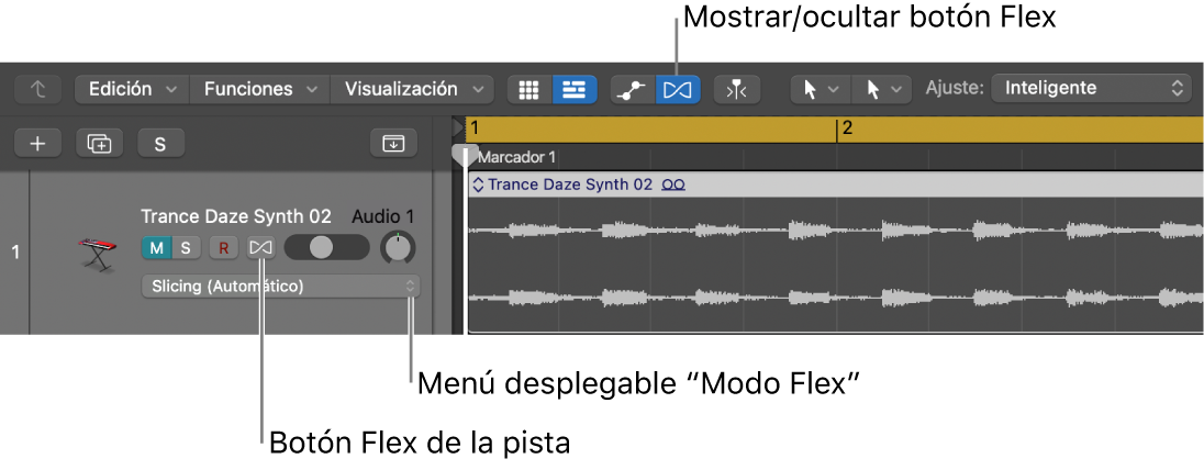 Ilustración. Botón Flex y menú desplegable “Modo Flex” en una cabecera de pista de audio.