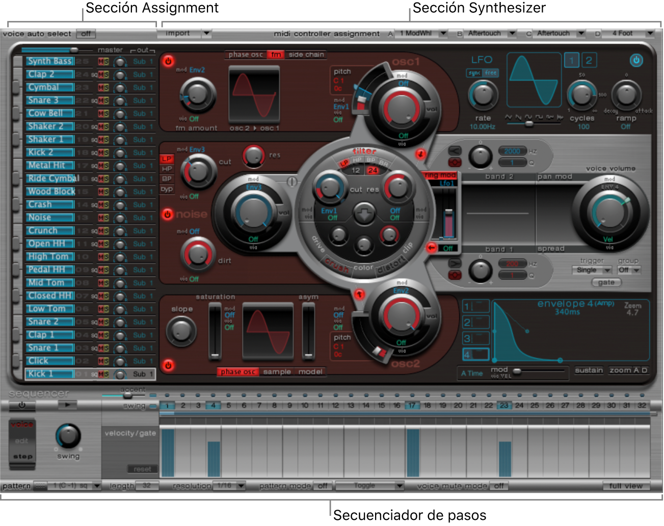 Figure. Ultrabeat window, showing main interface areas.