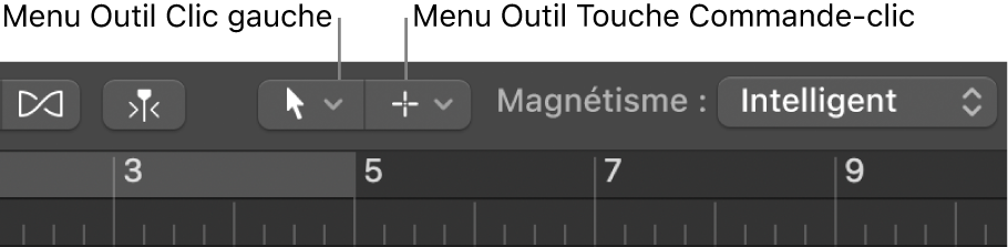 Figure. Menus « Outil Clic gauche » et « Outil Touche Commande-clic » dans la zone Arrangement.