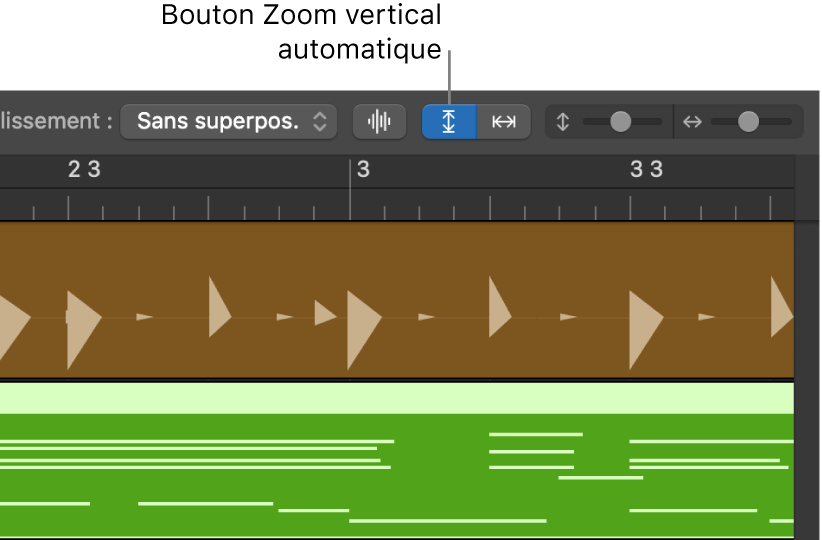 Commandes Zoom de forme d’onde, Zoom vertical automatique et Zoom horizontal automatique dans la barre des menus de la zone Pistes.