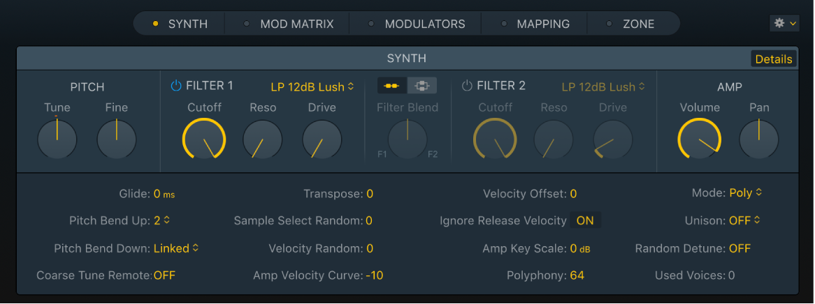 図、Samplerの「Synth」パネル。詳細パラメータも表示されています。