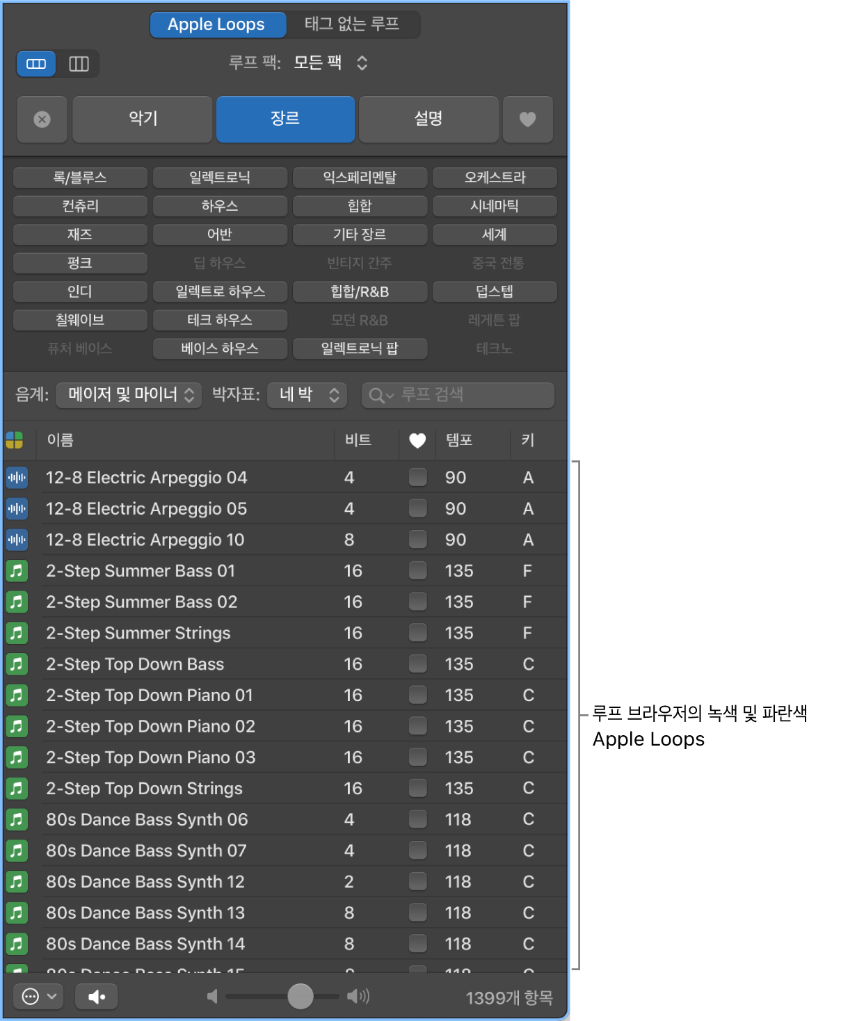 소프트웨어 악기(초록색) 및 오디오(파란색) Apple Loops를 보여주는 루프 브라우저.