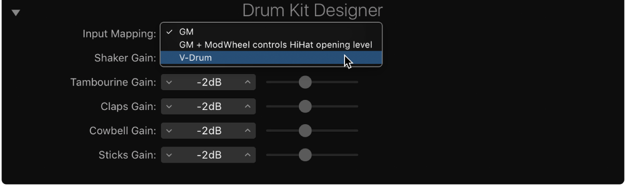 그림. Drum Kit Designer의 Input Mapping 선택