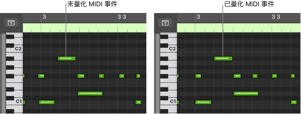 图。显示钢琴卷帘中未量化和已量化的 MIDI 事件的一对图像。