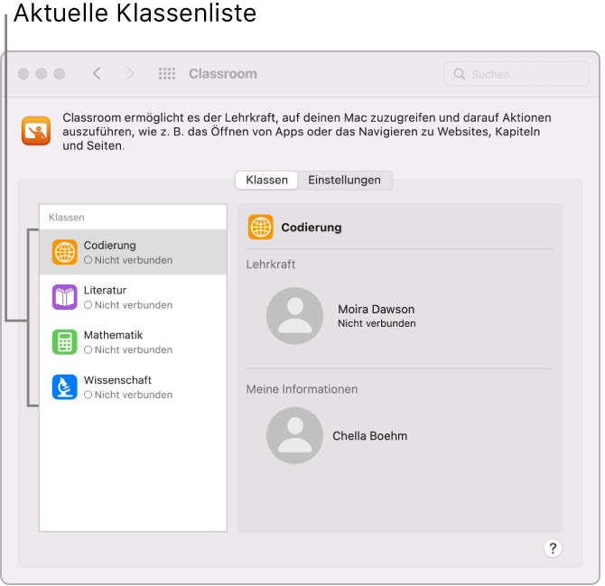 Einstellungen der App „Classroom“ für Schüler auf Apple Support (LI)