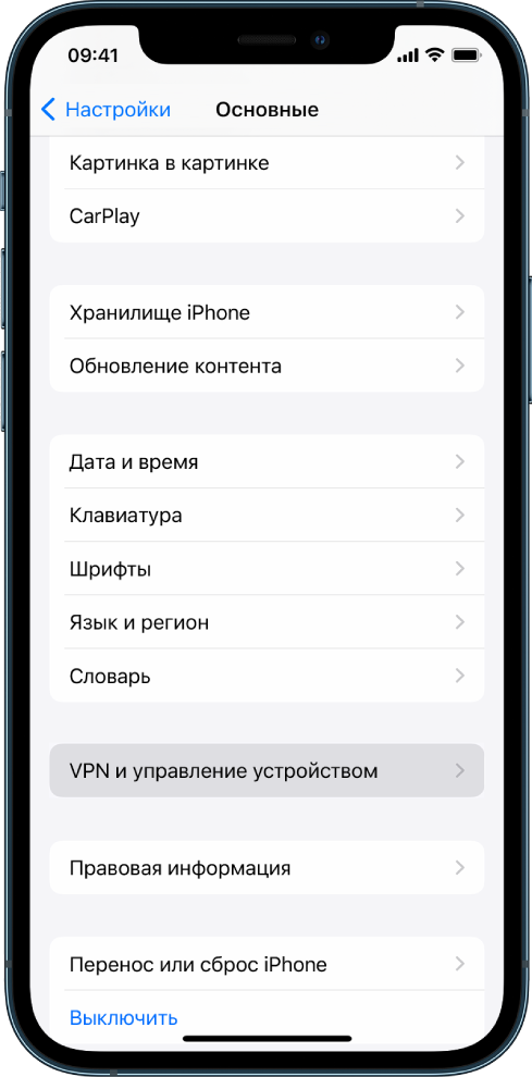 На экране iPhone выбран параметр «VPN и управление устройством».