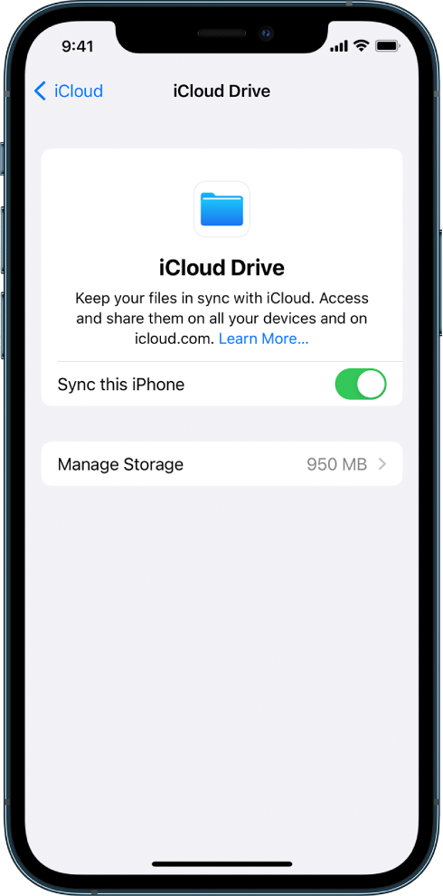 Écran iCloud Drive dans les réglages iCloud. L’option Synchroniser cet iPhone est activée.
