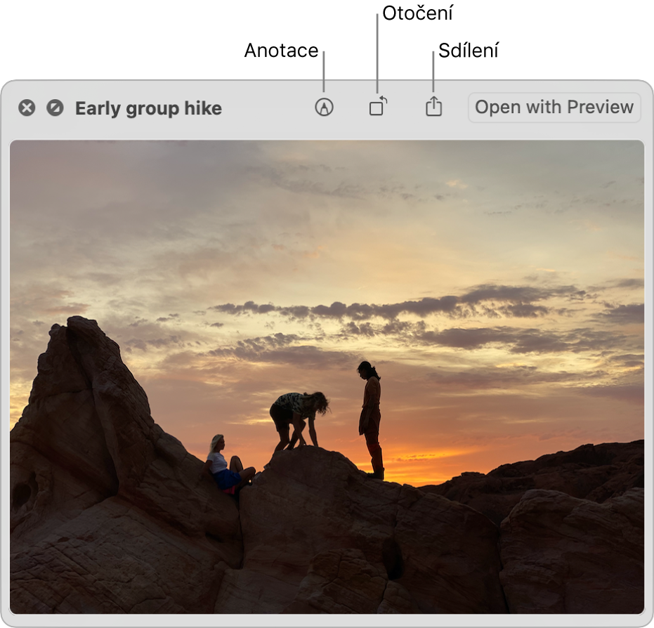 Obrázek v okně Rychlý náhled s tlačítky pro anotování, otočení nebo sdílení obrázku a také pro jeho otevření v aplikaci Náhled