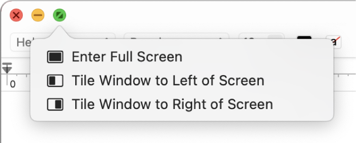 Nabídka, která se zobrazí, když přesunete ukazatel na zelené tlačítko v levém horním rohu okna. Příkazy nabídky shora dolů: Spustit režim celé obrazovky, Umístit okno na levou stranu obrazovky, Umístit okno na pravou stranu obrazovky