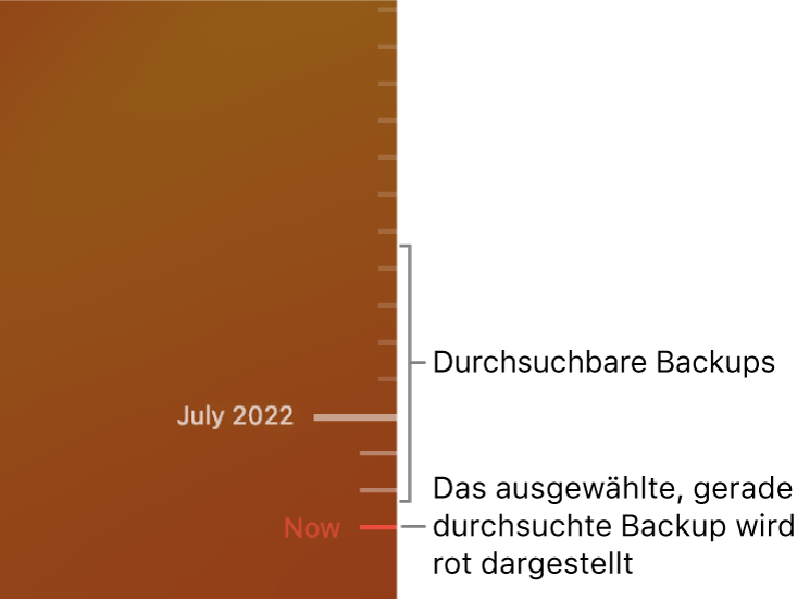 Skalenstriche in der Backup-Timeline. Der rote Skalenstrich zeigt das Backup an, das du durchblätterst