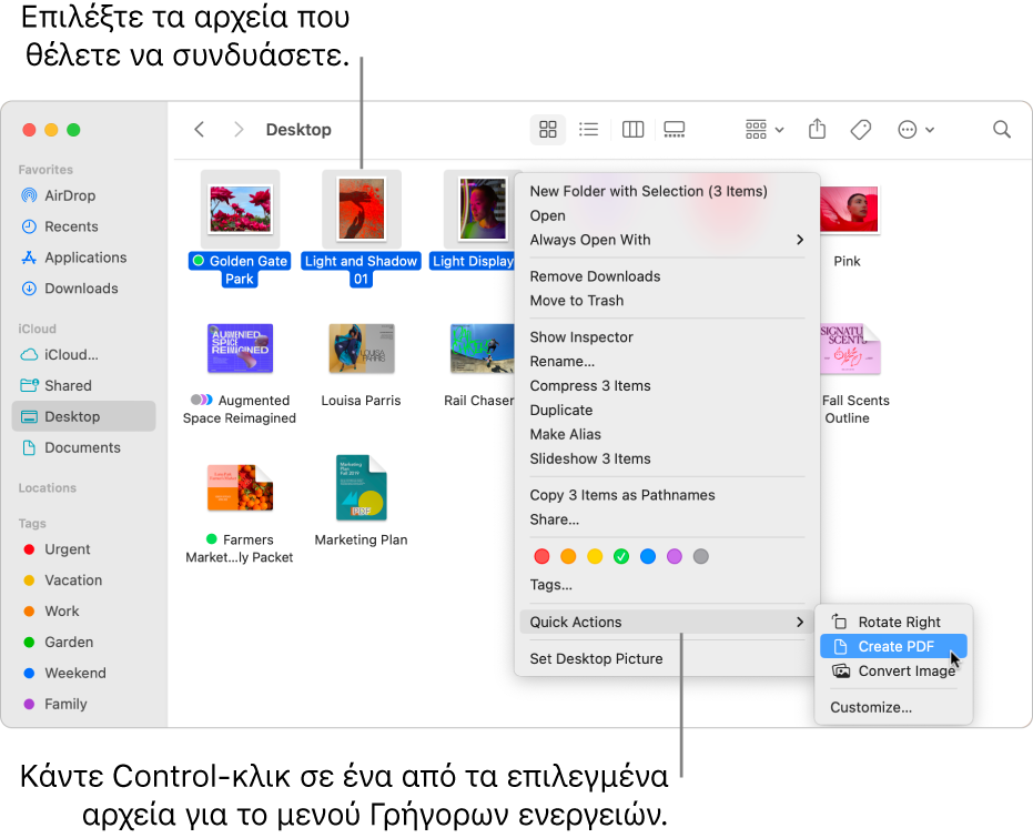 Ένα παράθυρο του Finder που περιέχει αρχεία και φακέλους, με επιλεγμένα τρία αρχεία και επισημασμένη την επιλογή «Δημιουργία PDF» στο μενού Γρήγορων ενεργειών.