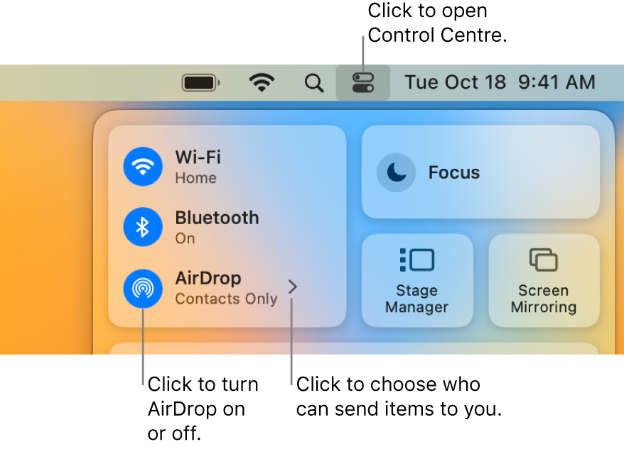 A Control Centre window showing the controls to turn AirDrop on or off and choose who can send items to you.