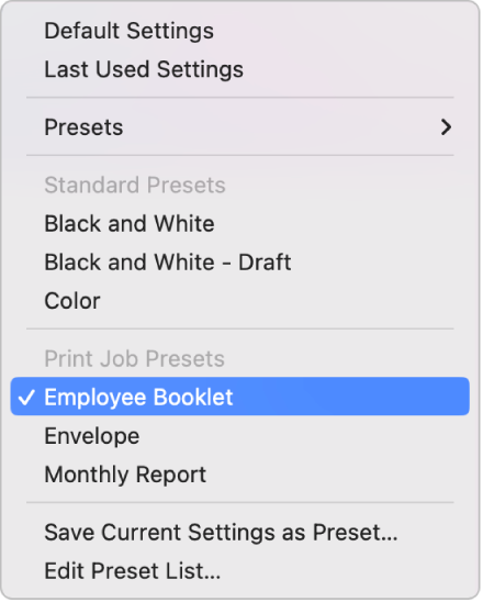 The Presets pop-up menu showing individual named presets in the Print Job Presets section.