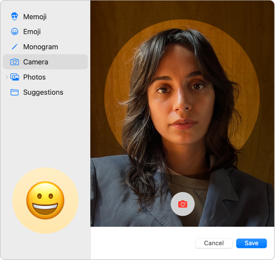 The Apple ID picture dialogue with Camera selected in the sidebar and a person posed in the viewfinder on the right.