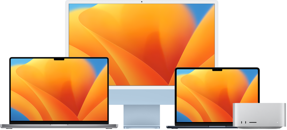 From left to right, a MacBook Pro, iMac and MacBook Air with colourful desktops. A Mac Studio is on the far right.
